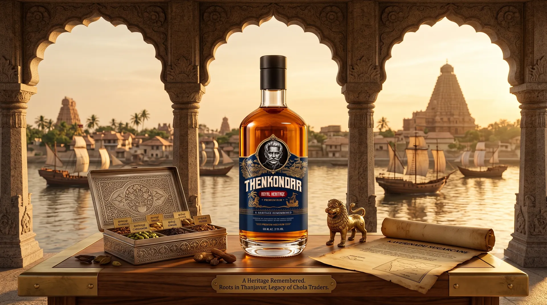Thenkondar bottle on a brass table, Chola arches over the Kaveri harbour at sunset